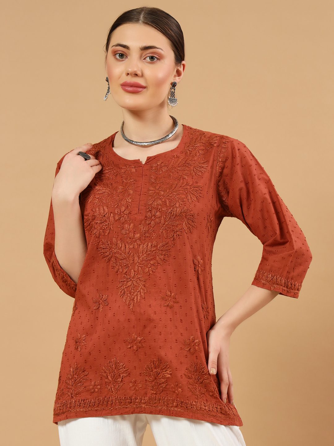 Lucknowi Chikankari Dobby Cotton Short Top