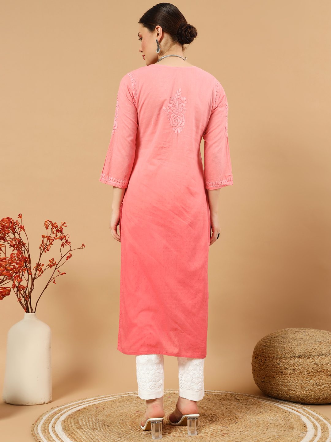 Hand Embroided Dobby Cotton Ombre Chikankari Kurti