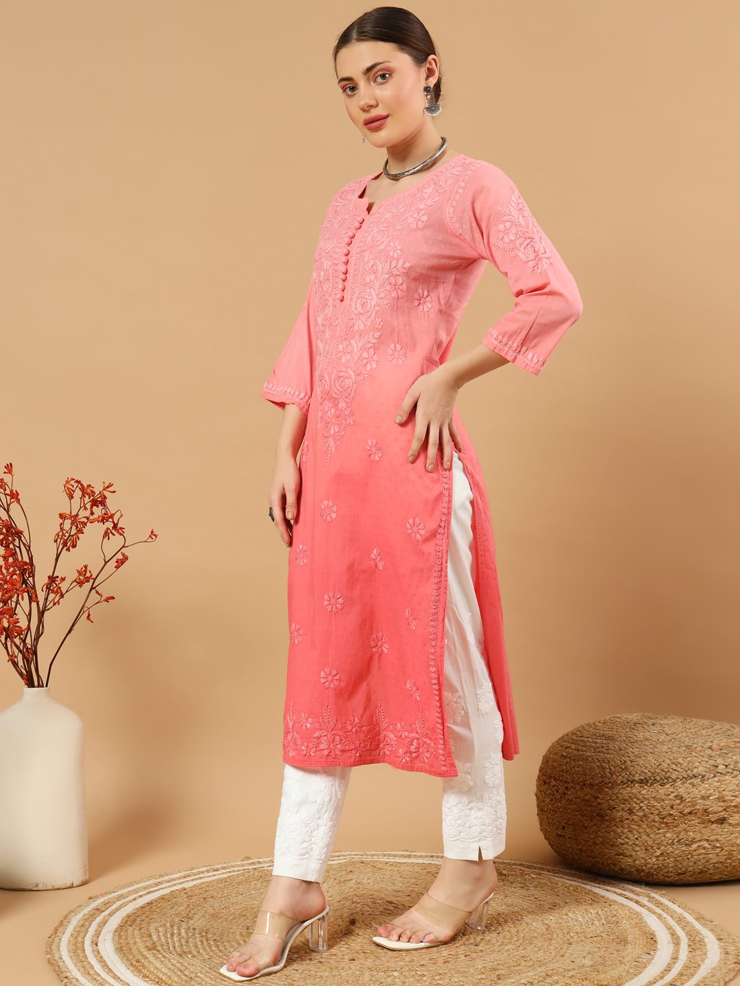 Hand Embroided Dobby Cotton Ombre Chikankari Kurti