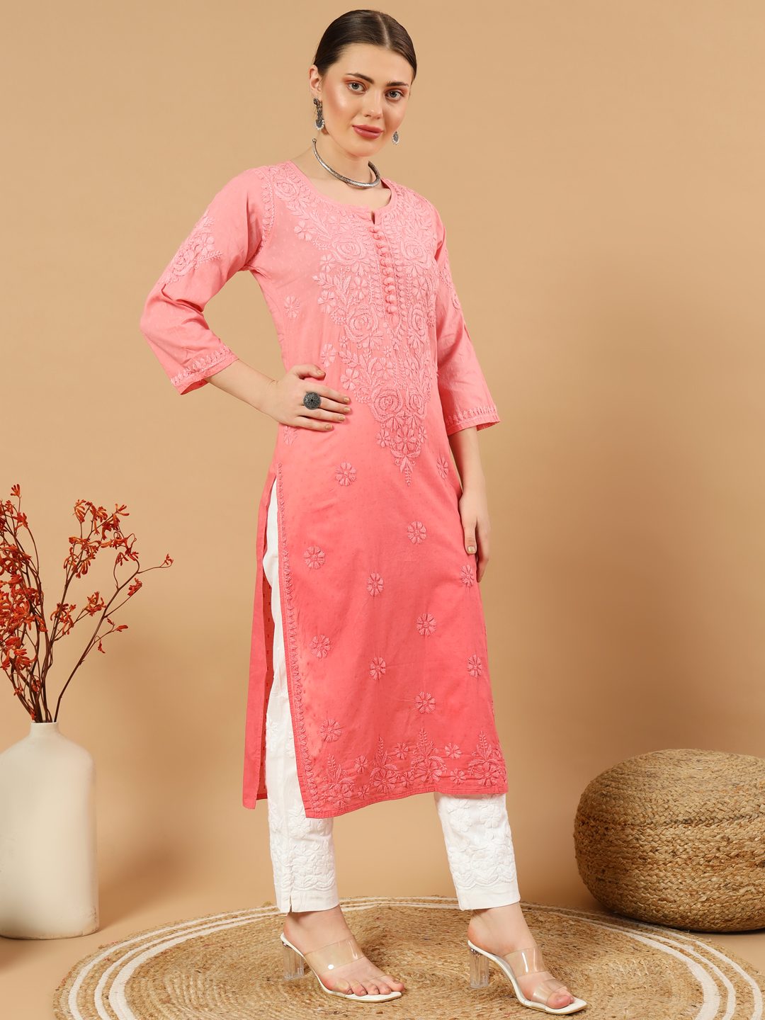 Hand Embroided Dobby Cotton Ombre Chikankari Kurti