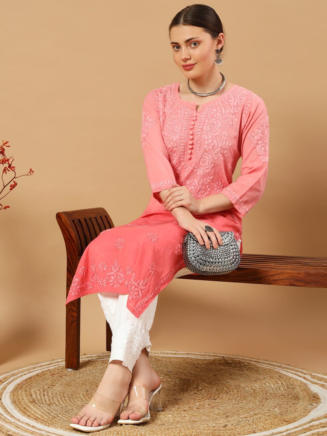 Hand Embroided Dobby Cotton Ombre Chikankari Kurti