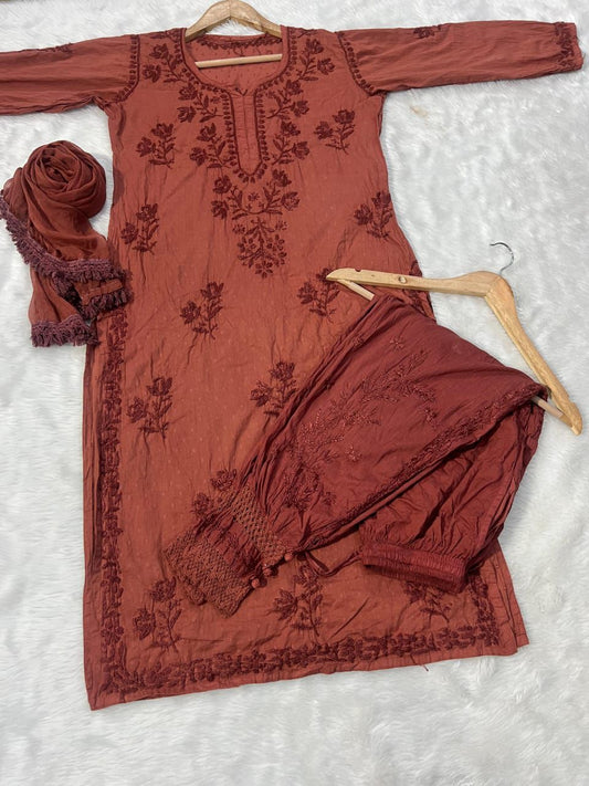 Dobby Cotton Handwork Chikankari Ombre Kurti with Afgani Pant & Dupatta Set