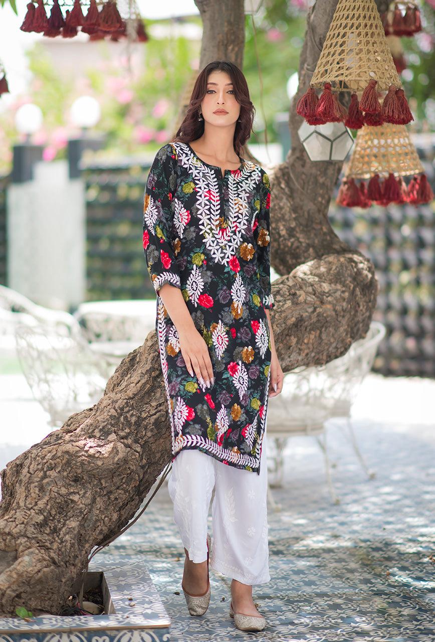 Hand Embroidered Lucknowi Chikankari Floral Kurti