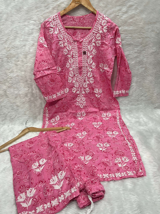 Mul Cotton Handwork Kurta Palazo Set